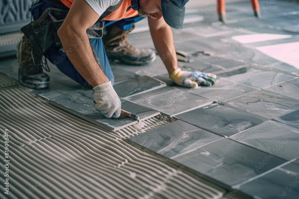 custom made wallpaper toronto digitalA man working on tiling a floor, perfect for construction projects