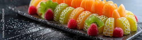 A closeup of intricate Japanese fruit carving, displaying skillfully shaped melon and citrus fruits on a dark, contrasting plate photo