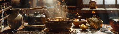 A cozy winter scene of oden in a clay pot, with dimmed lighting and steam rising, surrounded by vintage Japanese cooking utensils