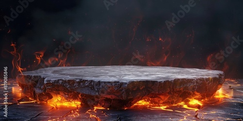 Fire lava podium rock volcano background product magma display 3d scene stone floor. Platform lava podium