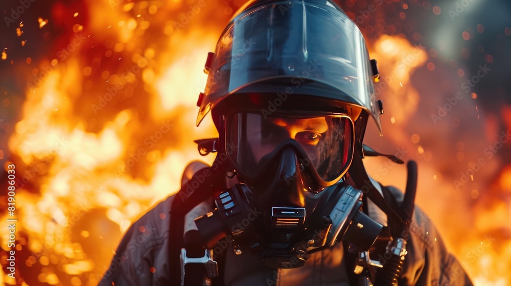 Firefighter in fire fighting operation, fireman in protective clothing and helmet with equipment in action fighting Firefighter in fire fighting operation, fireman in protective clothing and helmet with equipment in action fighting