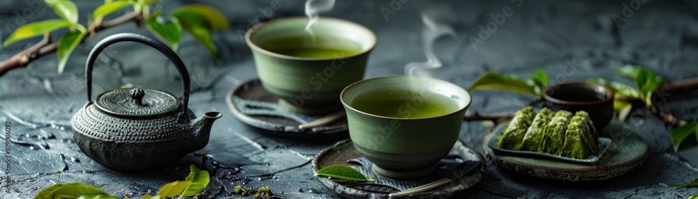 A picturesque arrangement of Japanese green tea and sweet red bean paste desserts, with a small, cast iron teapot and a light green tea set A picturesque arrangement of Japanese green tea and sweet red bean paste desserts, with a small, cast iron teapot and a light green tea set