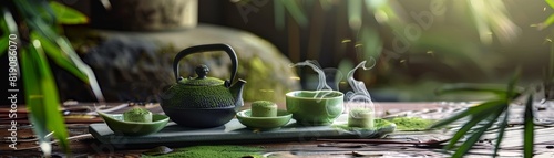 A picturesque arrangement of Japanese green tea and sweet red bean paste desserts, with a small, cast iron teapot and a light green tea set photo