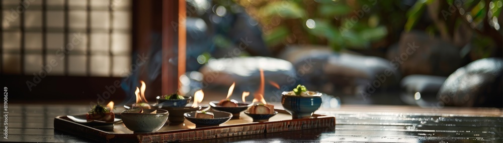 A serene setting of a kaiseki meal with multiple small dishes beautifully arranged on a lacquered tray in a traditional tatami mat room A serene setting of a kaiseki meal with multiple small dishes beautifully arranged on a lacquered tray in a traditional tatami mat room