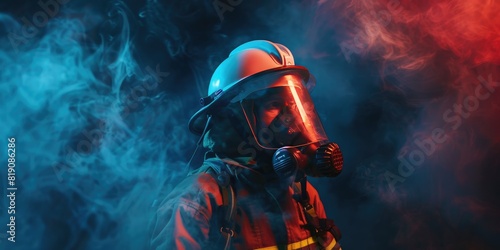 Fireman wearing firefighter turnouts and helmet. Dark background with smoke and blue light created. photo