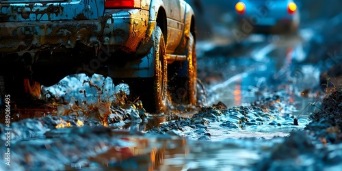 Navigating a muddy street with flowing water streams. Concept Muddy Street, Flowing Water Streams, Urban Challenge, Impromptu Adventure photo
