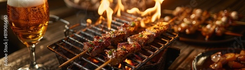 A warm  inviting scene of yakitori skewers on a small charcoal grill  flames gently touching the marinated meat  with a glass of cold beer beside it