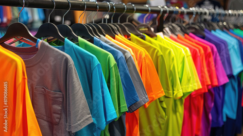 A wide variety of t-shirts in different colors are hanging on a rack in a store. © easybanana