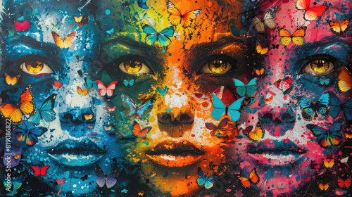 The faces of three women with different colors and butterflies scattered around were made using the technique of painting.