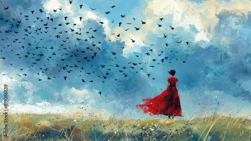 A girl in a red dress stands in a field of grass, looking out at a flock of birds flying overhead.