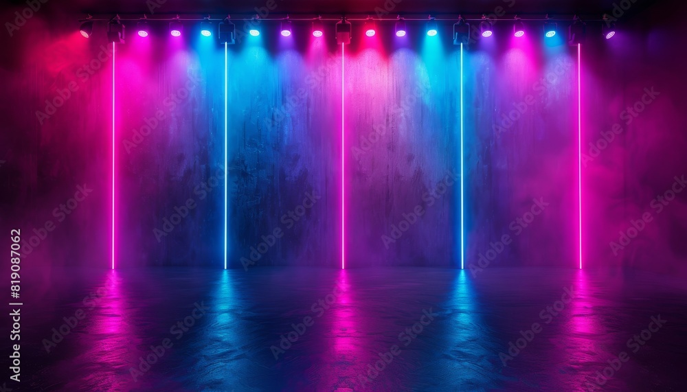 empty stage with colorful neon lights and spotlights, background for event design presentation or concert poster