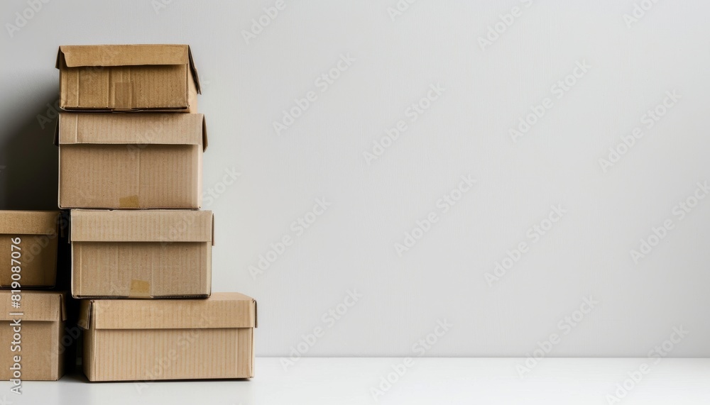 Pile of cardboard boxes on a white background with copy space for text, moving and shipping concept. Pile of cardboard boxes on a white background with copy space for text, moving and shipping concept.