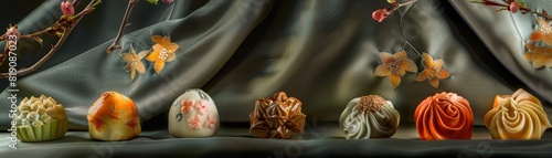 An elegant display of Japanese confectionery wagashi, featuring seasonal motifs, set against a backdrop of silk fabric with subtle floral patterns photo