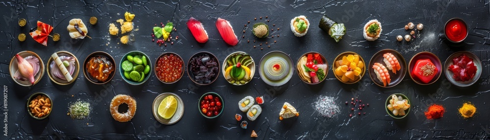 An overhead layout of various Japanese snacks and candies spread out on a dark textured surface, creating a tapestry of flavors and colors An overhead layout of various Japanese snacks and candies spread out on a dark textured surface, creating a tapestry of flavors and colors