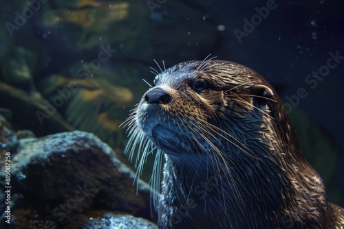 Close up of a wet otter looking up, perfect for nature and animal themed designs
