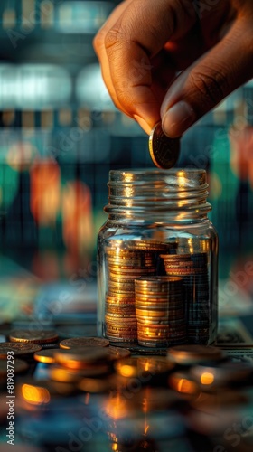 A hand is dropping a coin into a glass jar. The jar is almost full of coins. The background is blurred.