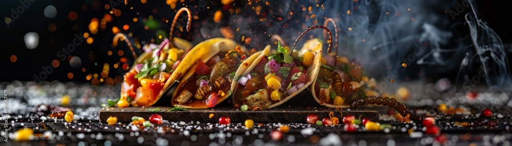 Ant larvae tacos, traditional Mexican dish, served in a handmade tortilla, rustic village market Ant larvae tacos, traditional Mexican dish, served in a handmade tortilla, rustic village market
