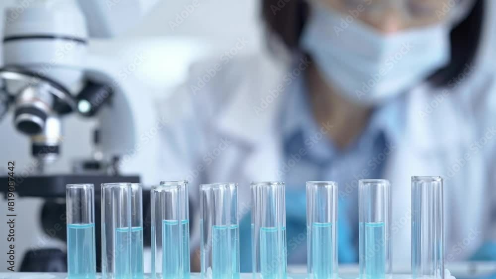 Test tubes with a blurred scientist in a lab coat in the background Test tubes with a blurred scientist in a lab coat in the background