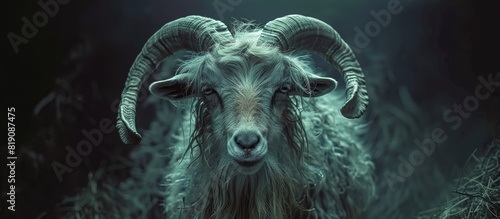 White Goat With Long Horns Standing in Grass