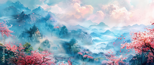 Chinese style background, light blue sky with pink peach blossoms, misty mountains in the distance photo