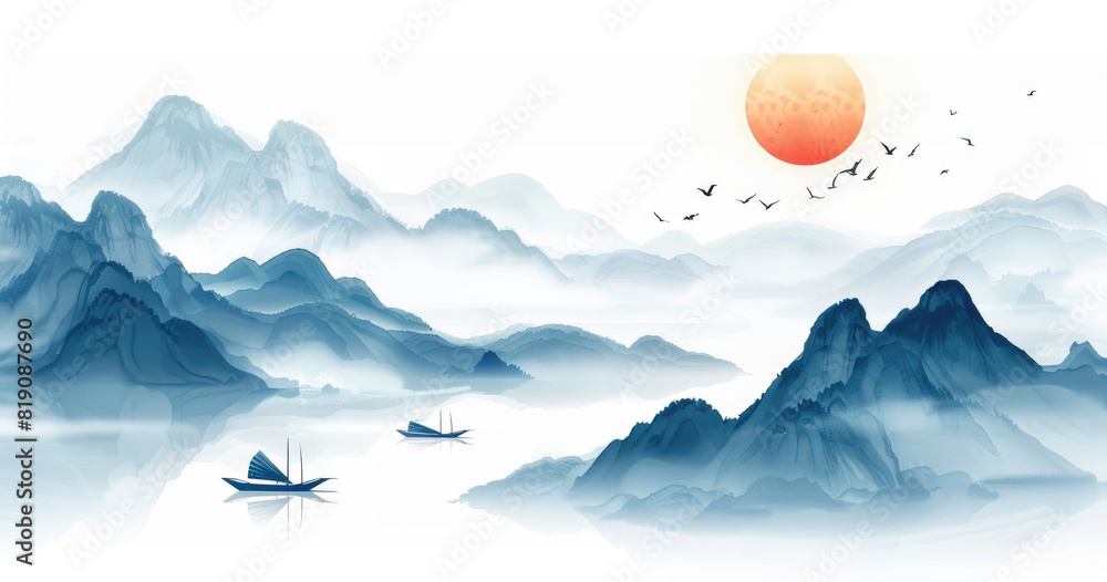Chinese style landscape painting, distant mountains and water with white clouds floating in the sky, misty blue tones, small fishing boats on the sea