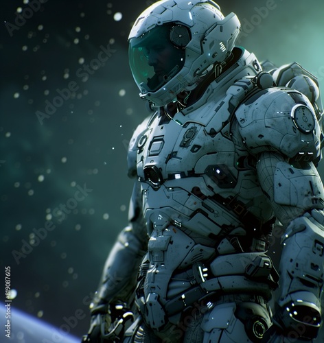 AI generated illustration of a person in a white spacesuit stands against the moon