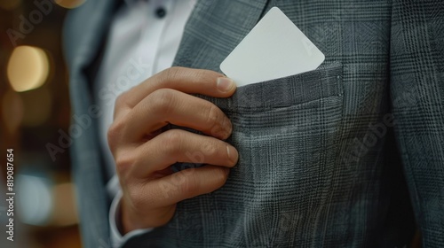 Businessman taking out blank card from his pocket. photo