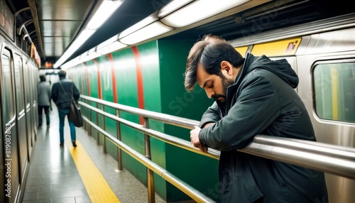 A weary young man with a beard leans on the rail in a subway station, reflecting solitude and fatigue during a commute.. AI Generation © Anastasiia