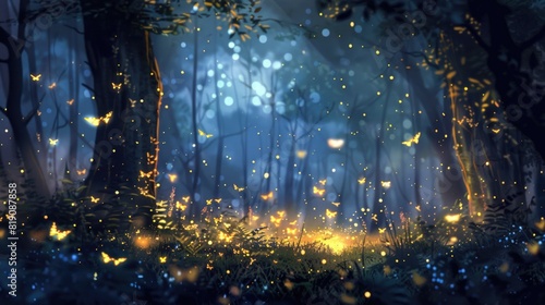 Flittering fireflies flying in the night Fantasy enchanted forest. Fairy tale concept photo