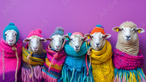 Sheeps in winter funny clothes on the purple background