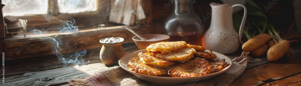 Belarusian Draniki, crispy potato pancakes, served with sour cream, rustic village kitchen, natural light streaming through a window Belarusian Draniki, crispy potato pancakes, served with sour cream, rustic village kitchen, natural light streaming through a window
