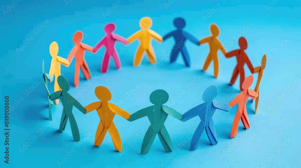 A circle of paper people holding hands in a circle. The paper people are of different colors.
