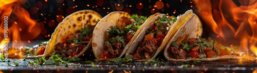 Beef tacos, topped with salsa and cilantro, lively taco truck in Los Angeles