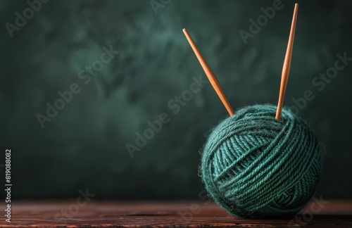 Green Yarn Ball and Knitting Needles on Wooden Table photo
