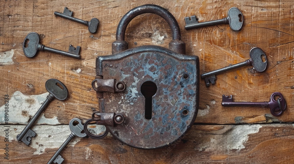 An old rusty padlock with a variety of keys scattered around it on a wooden background. An old rusty padlock with a variety of keys scattered around it on a wooden background.