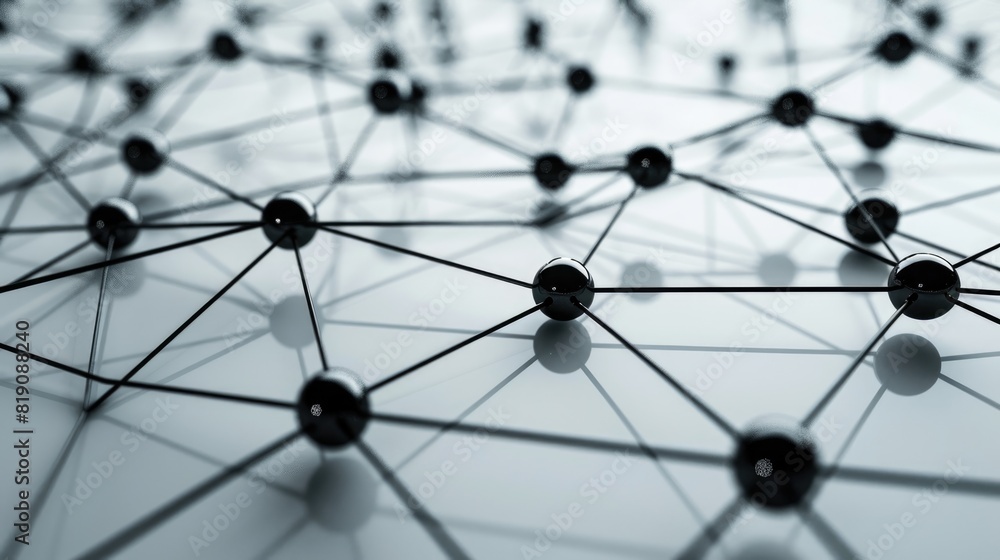 Black spheres connected by thin lines on a white surface. Black spheres connected by thin lines on a white surface.