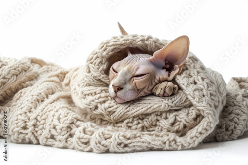 Sphynx Cat s Warm Blanket Snuggle  Showcase the coziness of a Sphynx cat snuggling in a warm blanket. photo on white isolated background