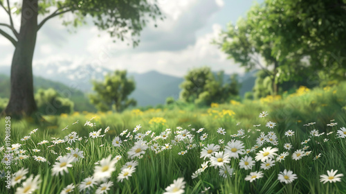 Idyllic summer scene featuring lush grass adorned with meadow flowers  daisies  and scenic spring views.