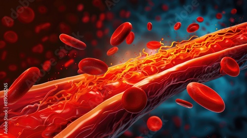 Group of red blood cells in blood vessels photo