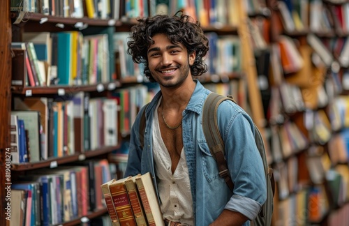 Young Man With Curly Hair Holding Book in Library