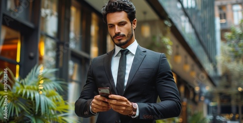Man in Suit Looking at Phone