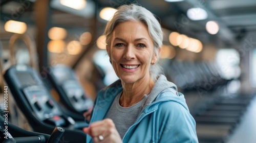 A confident senior woman with gray hair is exercising on a treadmill in a gym. photo