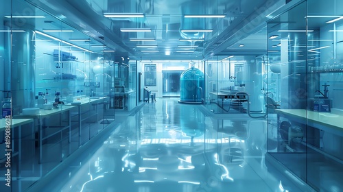 Stem cell research facility, cultivation of cells in bioreactors, clean room environment, soft blue lighting, digital watercolor style