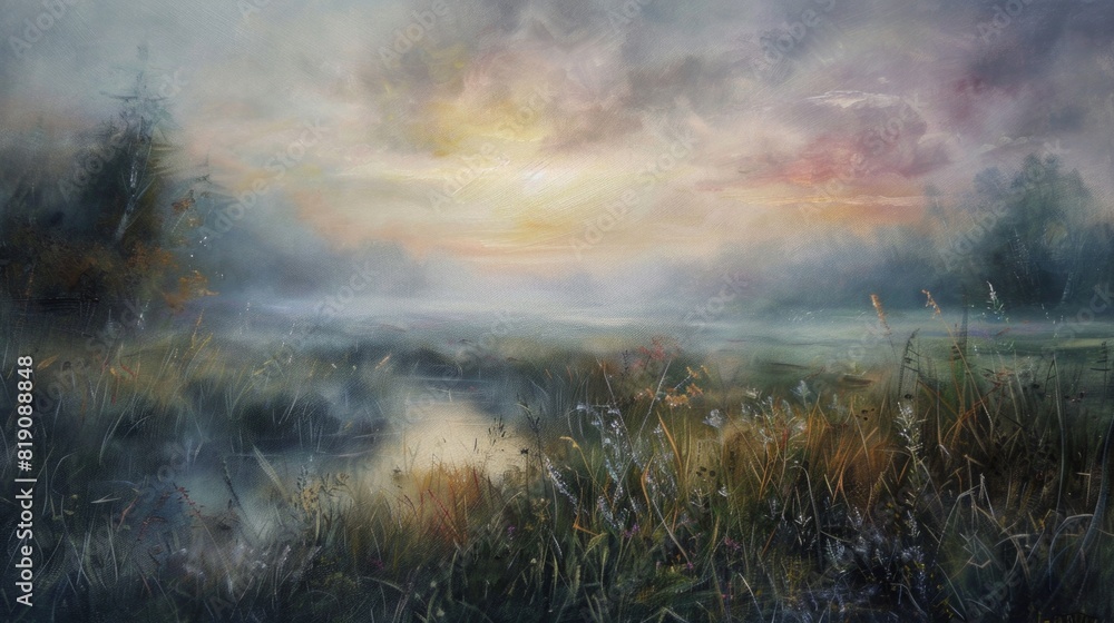 Foggy meadow at dawn painted in oil paints.