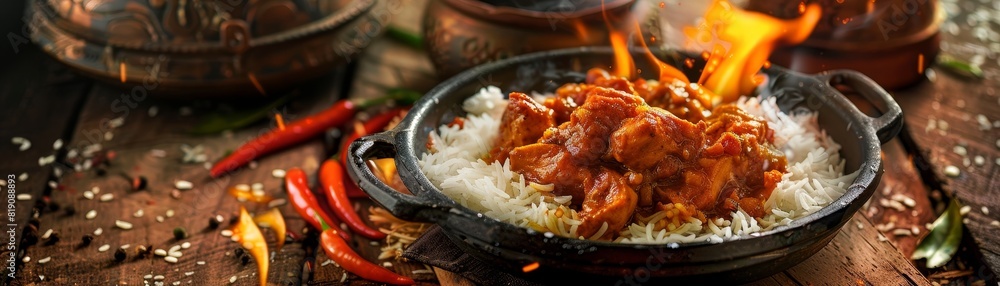 Chicken vindaloo, spicy Goan curry served with rice, cozy beach shack in Goa Chicken vindaloo, spicy Goan curry served with rice, cozy beach shack in Goa