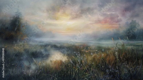 Foggy meadow at dawn painted in oil paints.