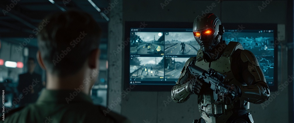 cyborg soldier fighting in a warzone movie story seen trail cam footage, rear view, wide angle shot, a striking contrast against the soft, blurred background, with a digital interface overlaid cyborg soldier fighting in a warzone movie story seen trail cam footage, rear view, wide angle shot, a striking contrast against the soft, blurred background, with a digital interface overlaid