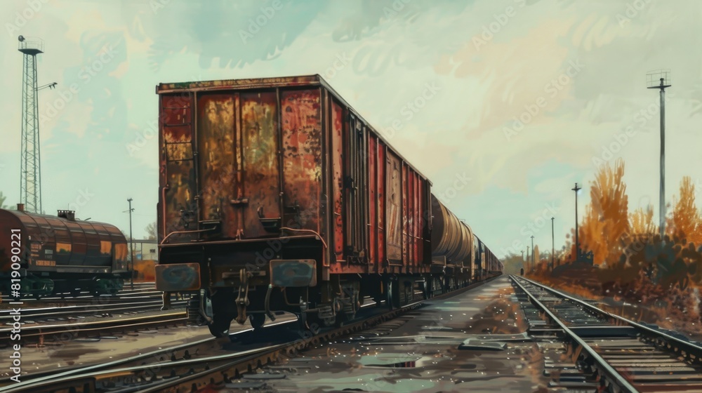 Fototapeta premium Freight train. Rear view of the last wagon of a freight train. Wagons with goods delivery. Distribution and freight transportation using railroads.
