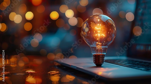 Light Bulb and Laptop on Table