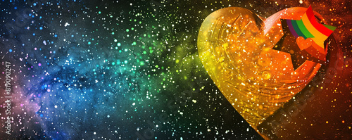 Starry night sky interpreted in Pride colors  a star-shaped heart on the right blending cosmic themes  LGBTQ pride.